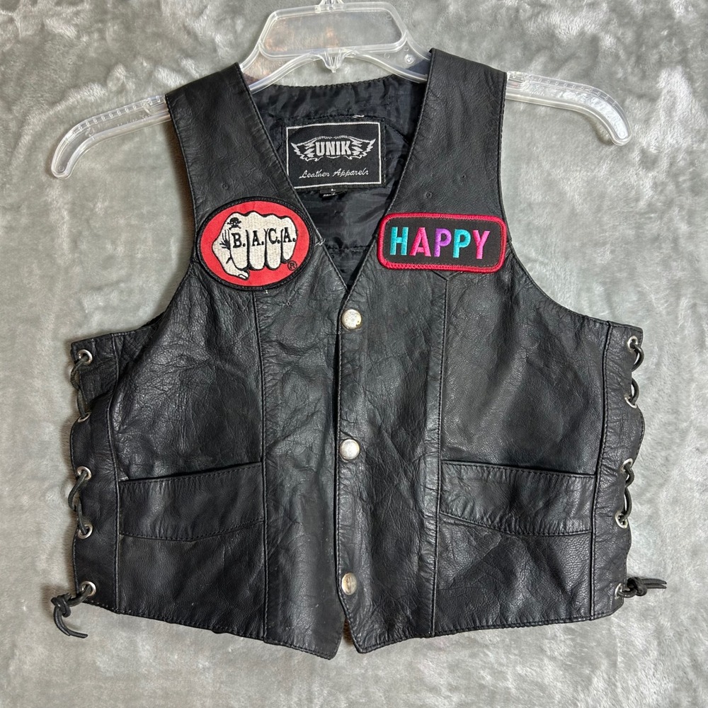 Unik Leather Apparel Kids Biker Vest Black Leather B.A.C.A. Patches Size L